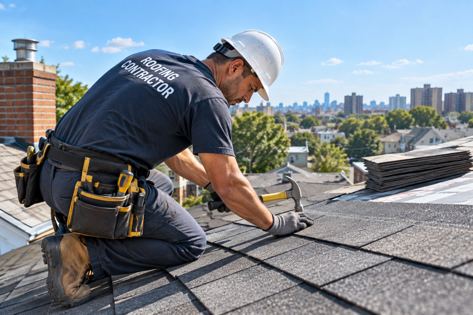 Roofing contractor installing shingles on a roof in Bronx, NY